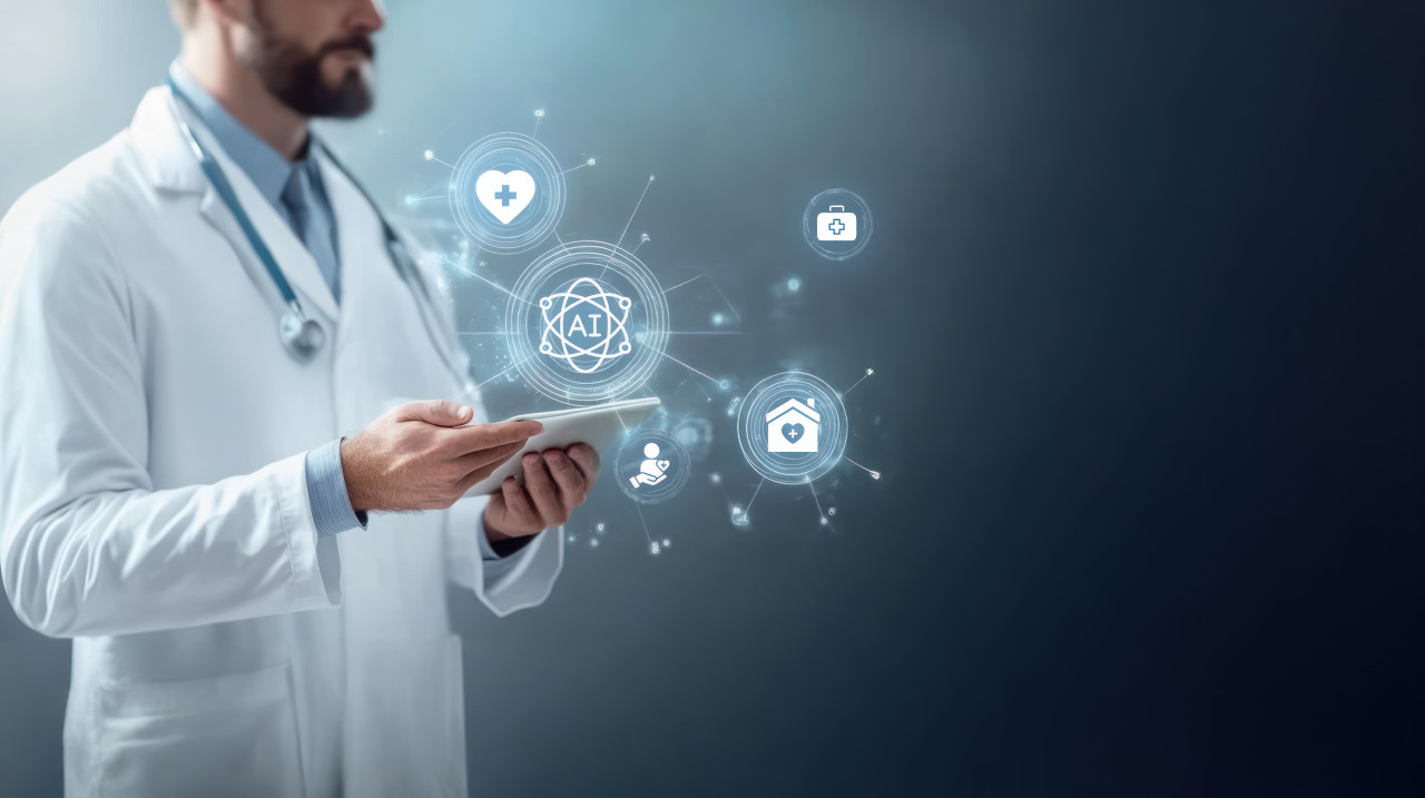Business doctor using virtual interface for healthcare examining medical technology with holographic icons, advanced in healthcare, medical chat bot, ai diagnosis, doctor ai