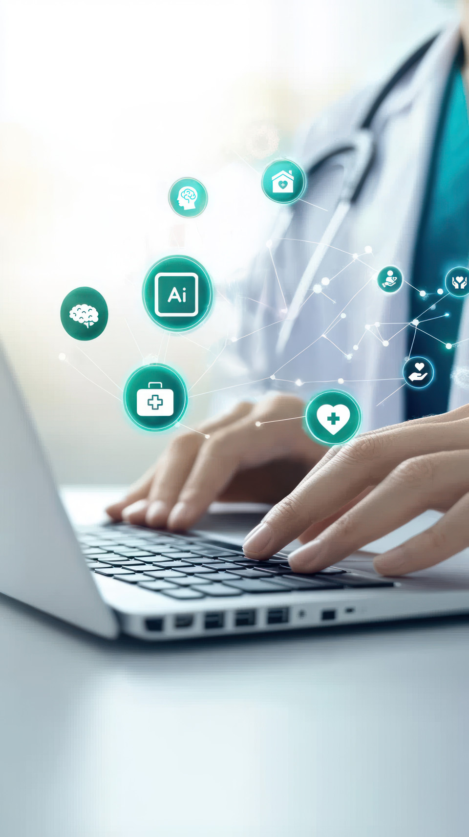 Doctor typing on laptop with digital icons emerging from keyboard, doctor ai, health technology, ai diagnosis