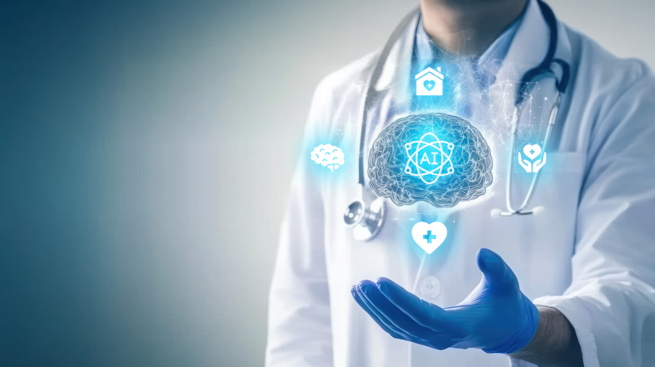 Doctor in white coat and blue gloves with floating ai brain hologram above hand, ai assisted diagnostics, medical diagnosis, doctor ai, health hologram