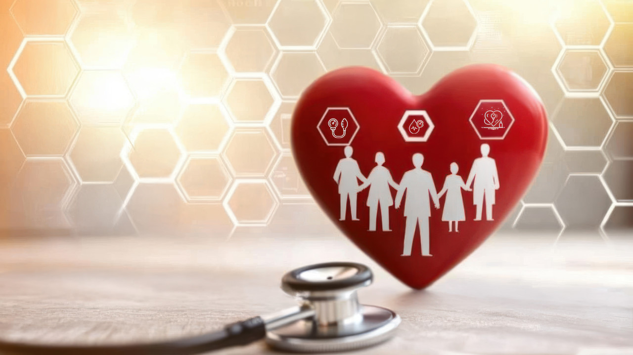 Heart shaped design with family figures and medical icons background symbolizing family wellness, health protection, high bp control, diastolic health, patient care