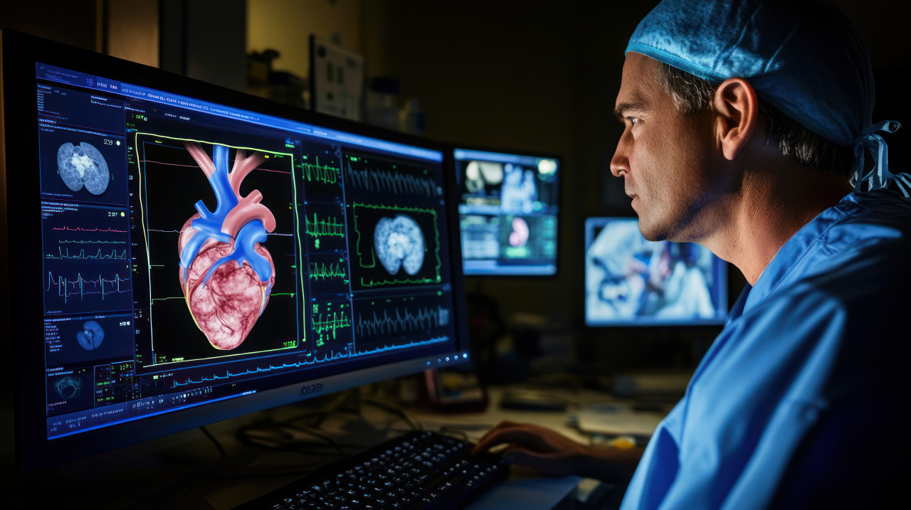 Doctor in blue scrubs viewing arterial embolization on computer screen, patient diagnosis, arterial health, cardiovascular care