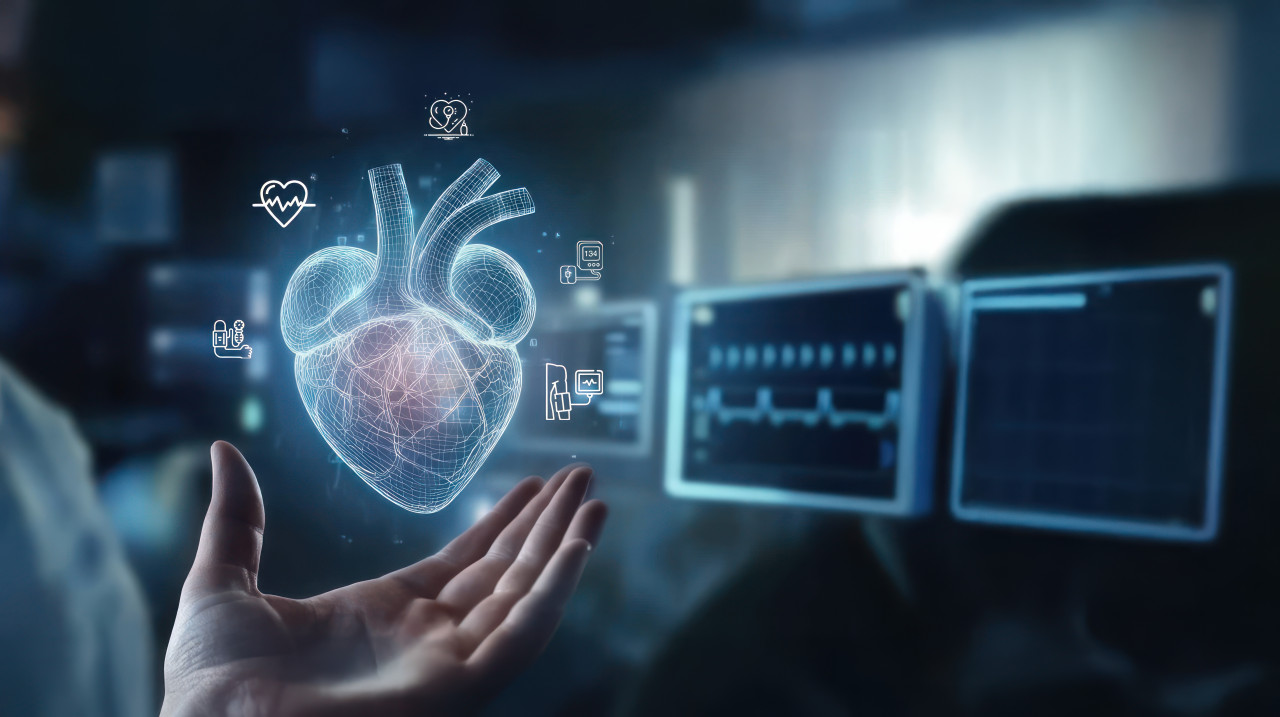 Ai generated holographic heart projection above hand, digital healthcare innovation, cardiology concept, advanced ai diagnostics