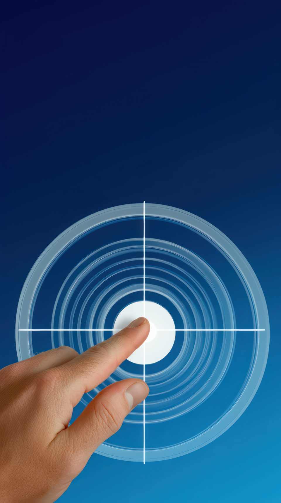 Hand touches center of target with focus point in white circle on blue background, precise marketing, audience engagement concept, retargeting ads