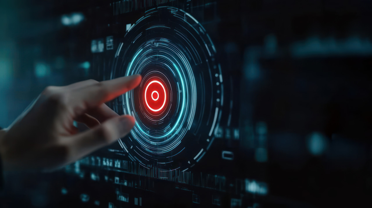 Hand touches futuristic screen with red target icon on dark background, precise targeting concept, digital marketing focus, retargeting ads