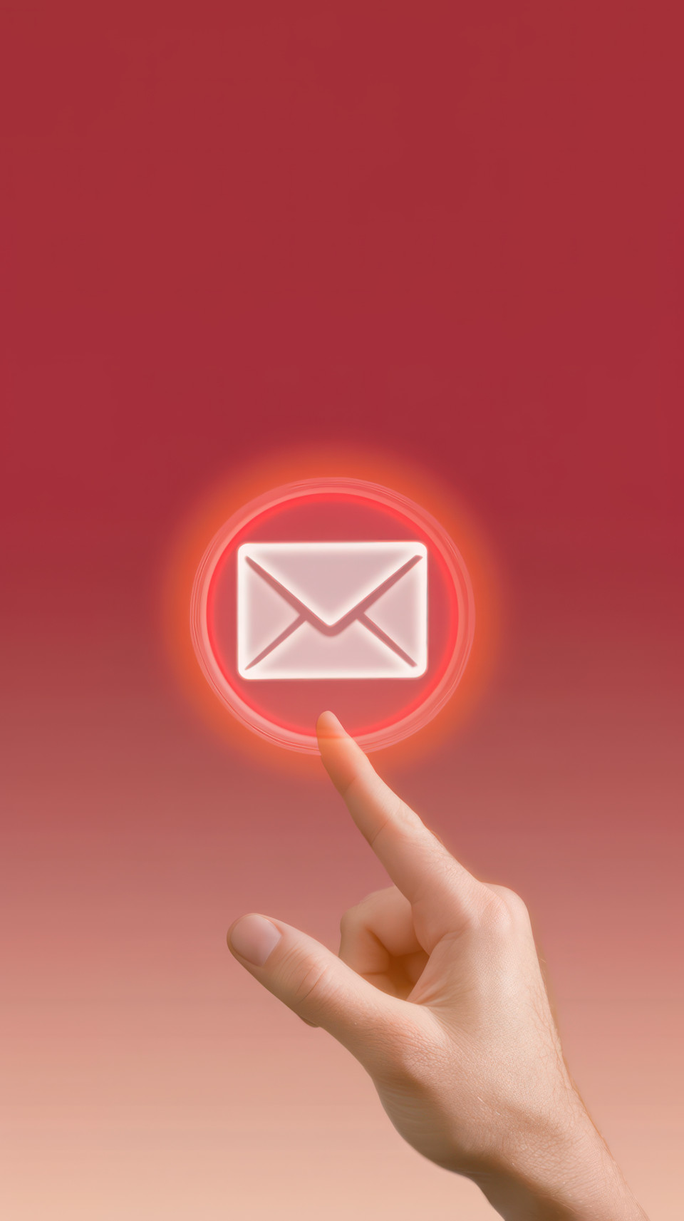 Hand with finger about to press floating envelope icon on gradient background, symbolizing drip campaigns, email interaction, digital outreach