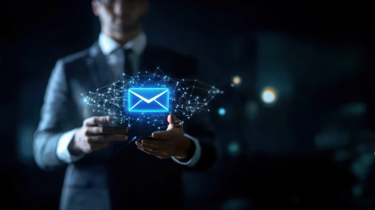 Businessman using smartphone to send email displayed on screen, digital campaigns, mobile marketing, automated outreach, customer engagement, drip campaign