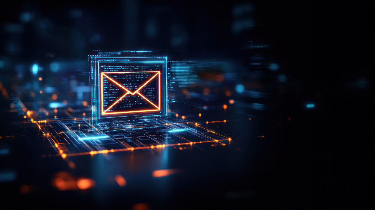 Ai classified email with a glowing envelope icon amid holographic data streams, symbolizing drip campaigns, automated messaging, data driven marketing