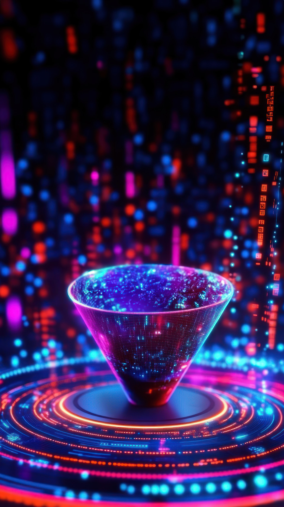 3d hologram of funnel on circular platform with neon lights, visualizing drip campaigns, data flow, digital marketing concept