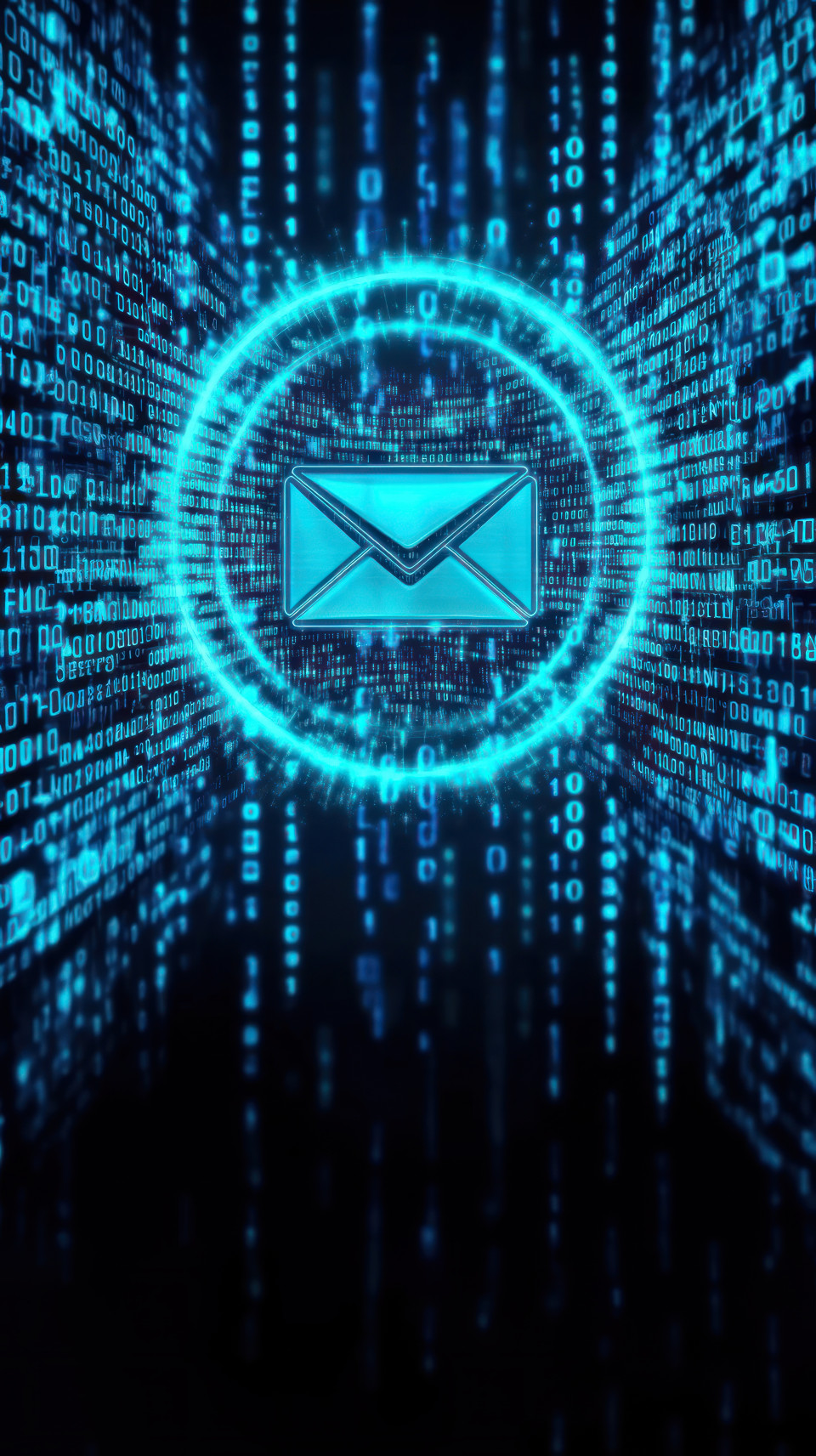 Blue digital background with email icon surrounded by binary code, representing drip campaigns, data driven marketing, automated communication