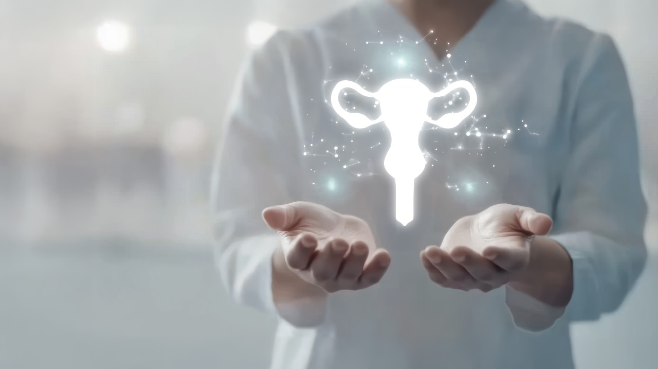 Person holding hands out with hologram of female uterus above, fertility treatments, uterus health, wellness