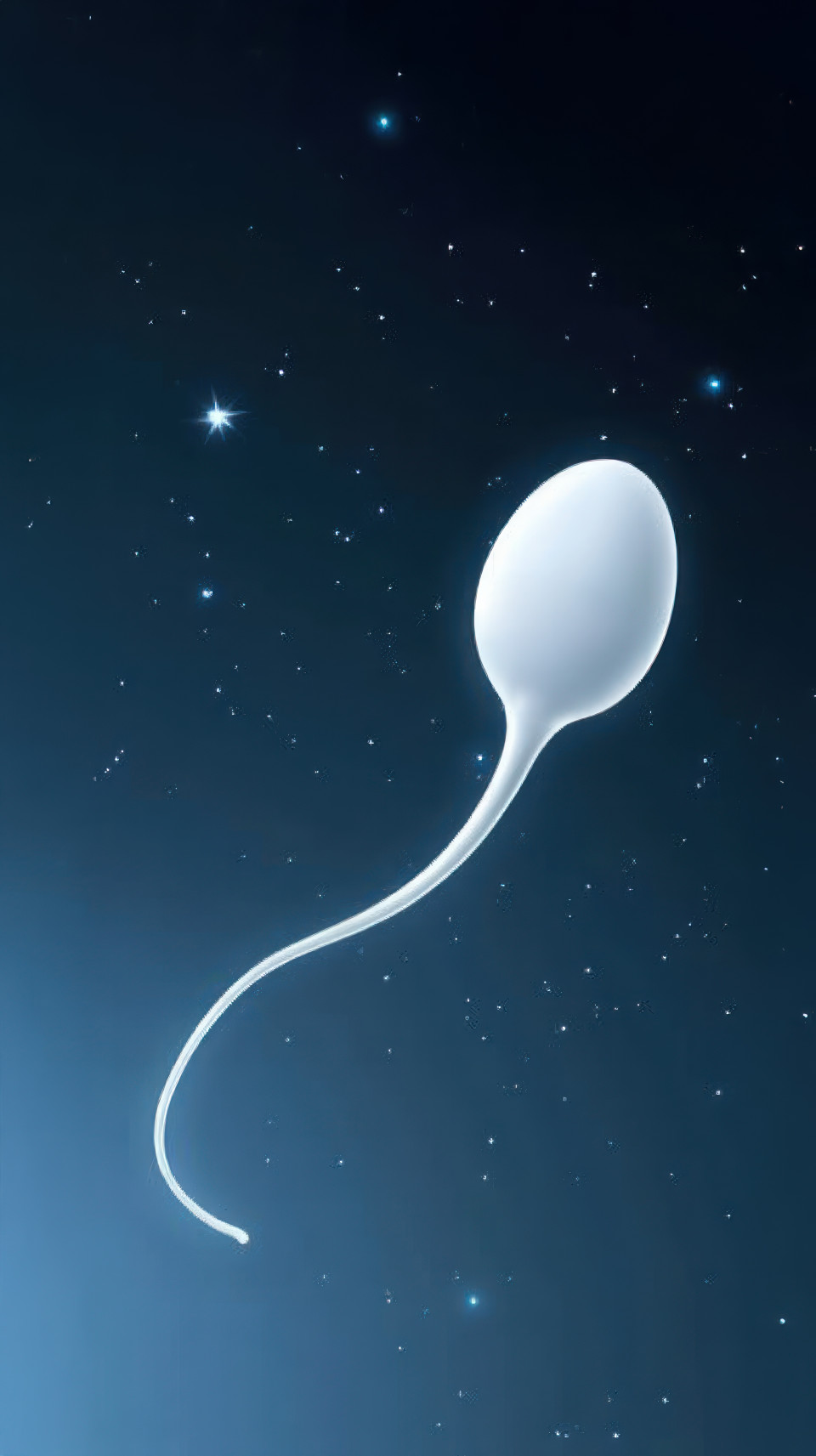 Single white sperm with long tail and round end on blue background, male fertility, sperm cell, reproductive health
