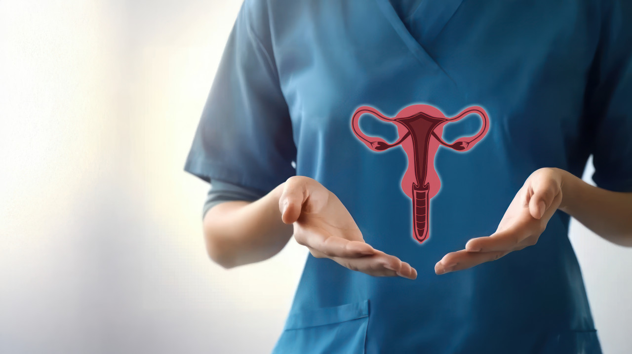 Doctor holding hologram of healthy female uterus expressing openness and compassion, fertility treatments, reproductive health, uterus wellness