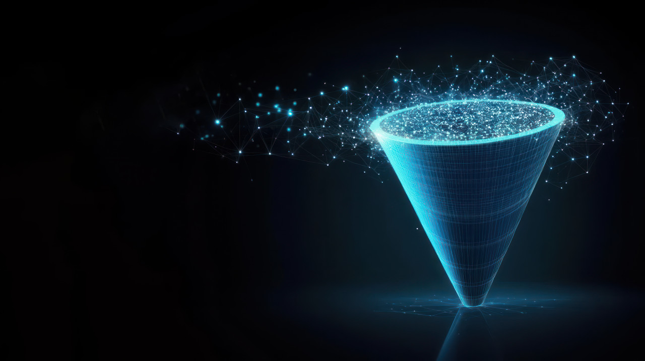 Blue digital low poly funnel with glowing particles and lines on a dark background, representing funnel optimization, sales, and lead generation concepts