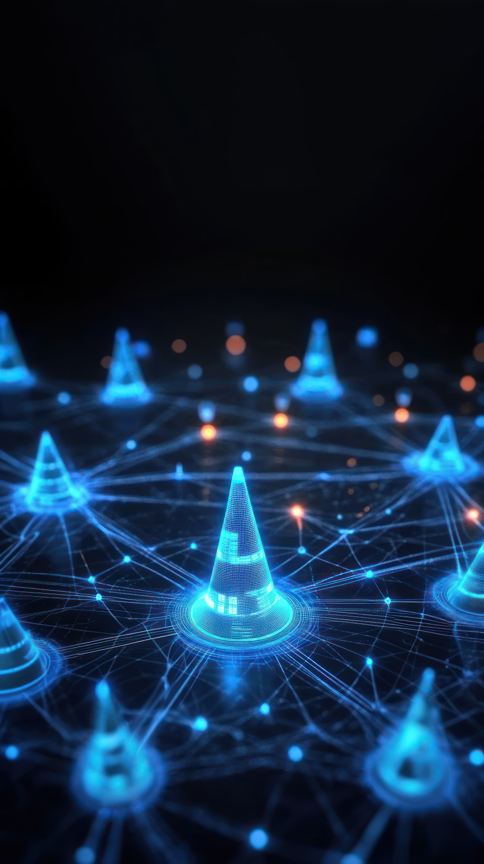 Futuristic network with glowing icons and cone shapes on a dark background, illustrating funnel optimization, sales insights, and digital lead attraction