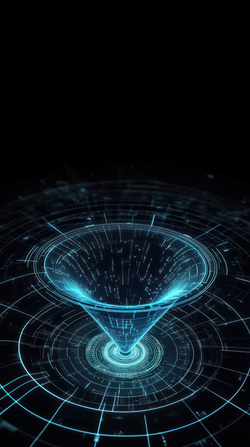 Futuristic digital ai funnel with intricate lines and circles, representing funnel optimization, artificial intelligence, and lead generation in data visualization