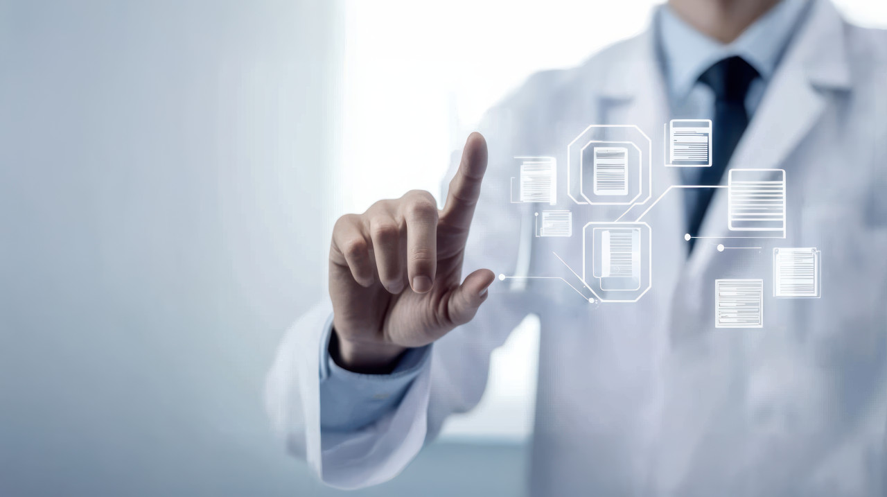 Doctor in a white coat touching a healthcare system icon with floating medical document icons next to it, focusing on health records, medical data management