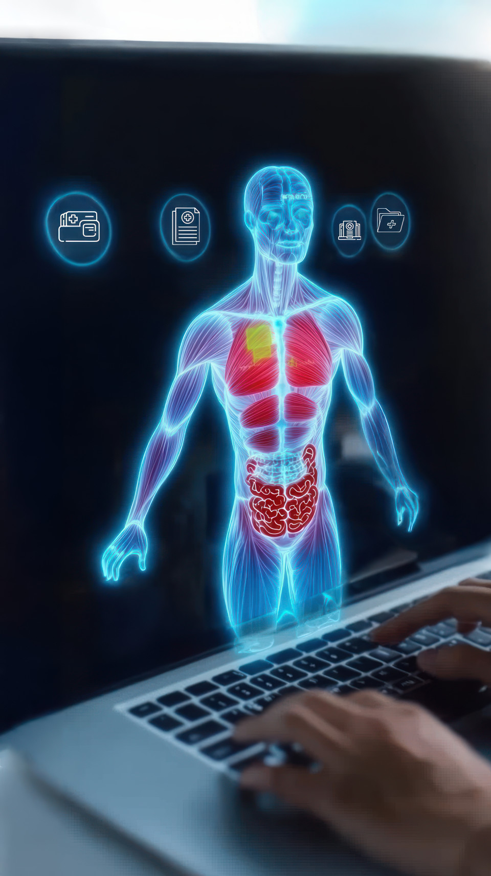 Digital hologram of a human body with records icons representing various medical and healthcare services on the screen, emphasizing health records, medical technology