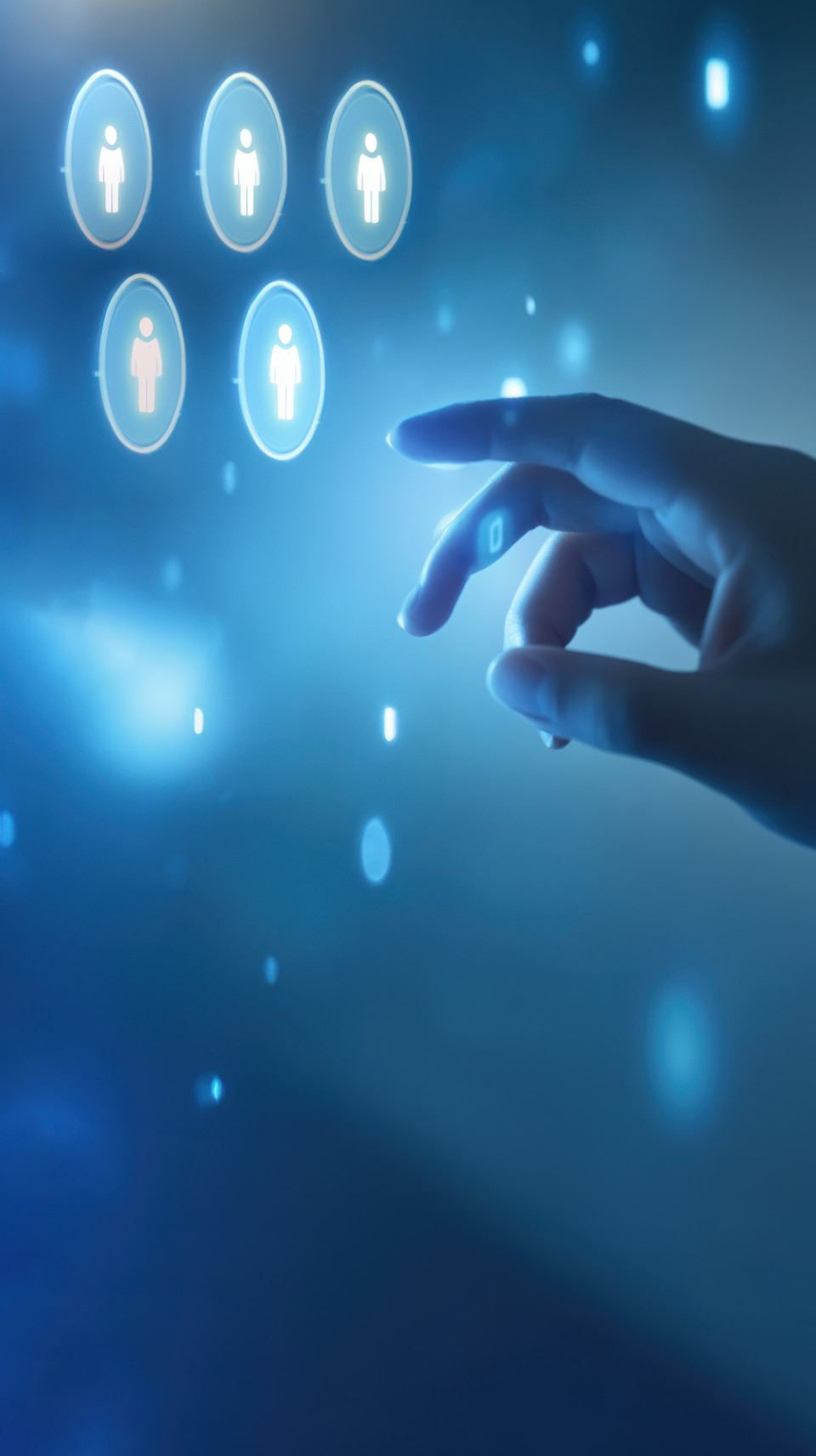 A hand reaching for social media icons on a blue background, illustrating multichannel marketing in digital and ecommerce conversion tactics