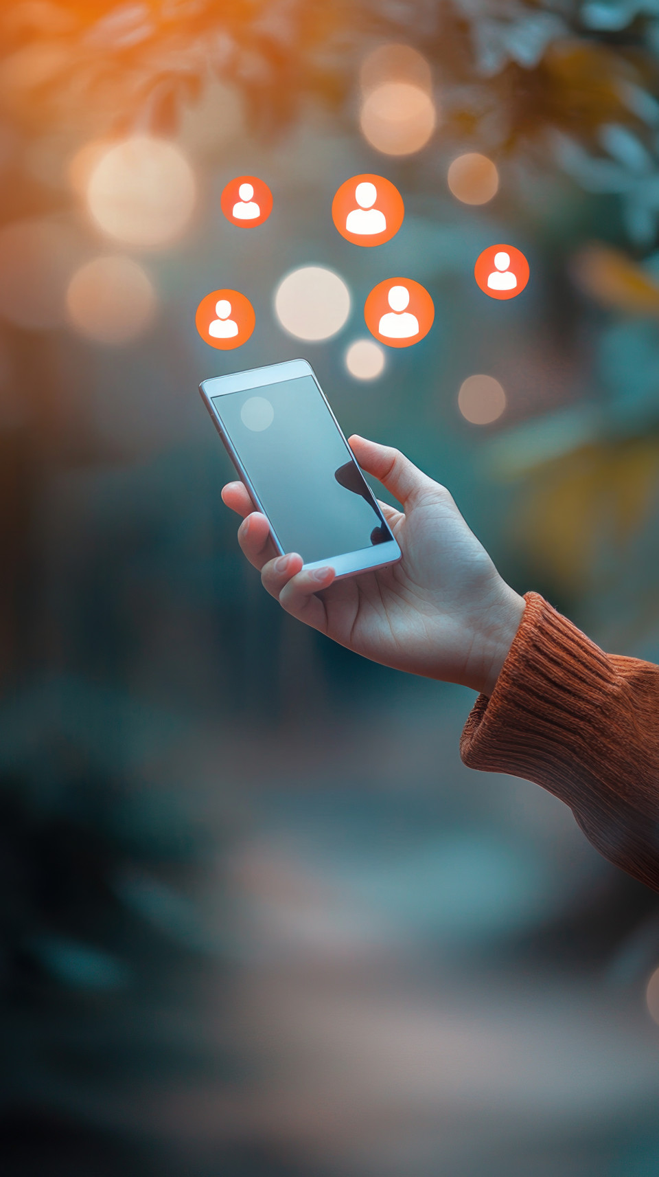 A hand holding a mobile phone with floating social media icons above it on a blurred background, highlighting multichannel marketing and social media strategies