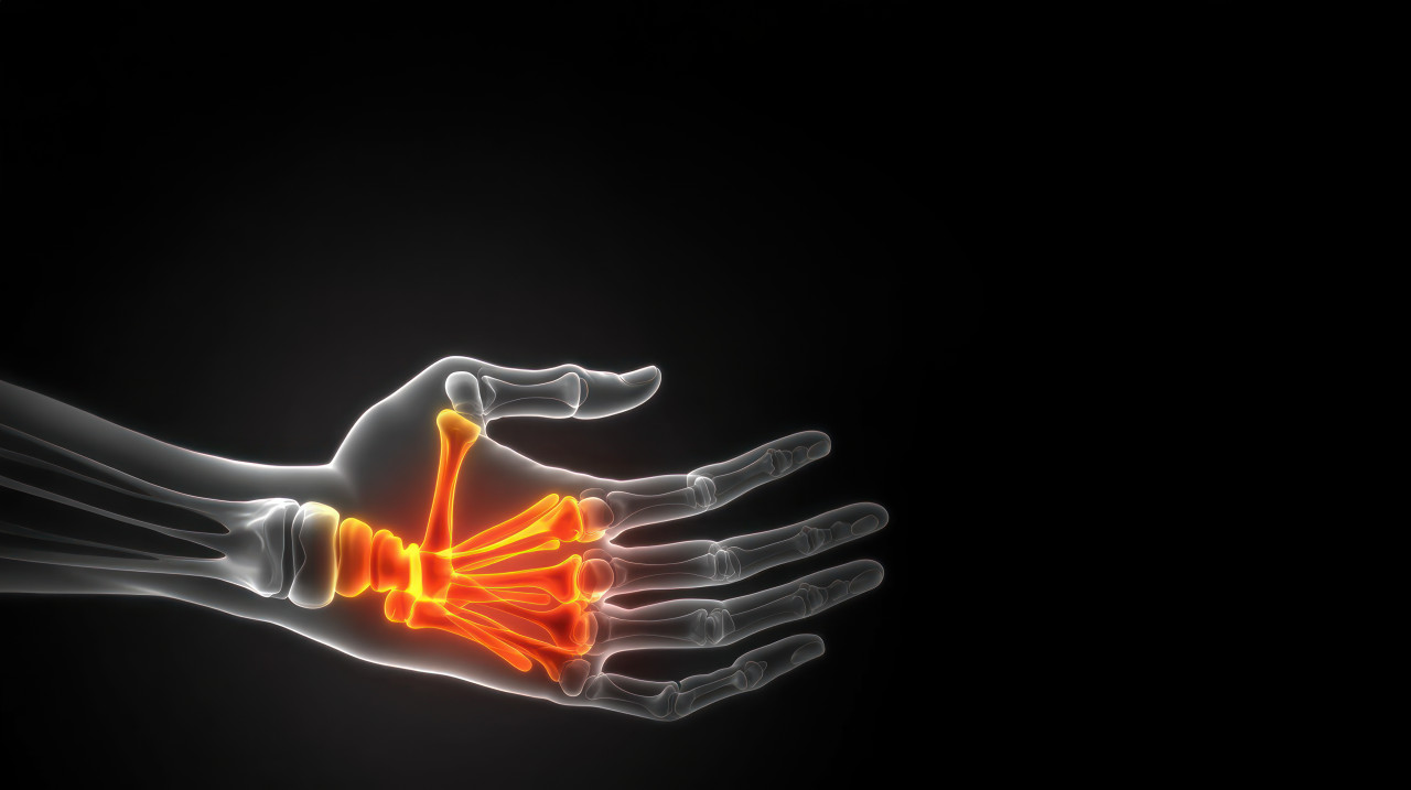 Graphic x ray of a hand focusing on wrist and finger pain glowing red area highlights joint discomfort, stiff person, syndrome causes, stiff treatment