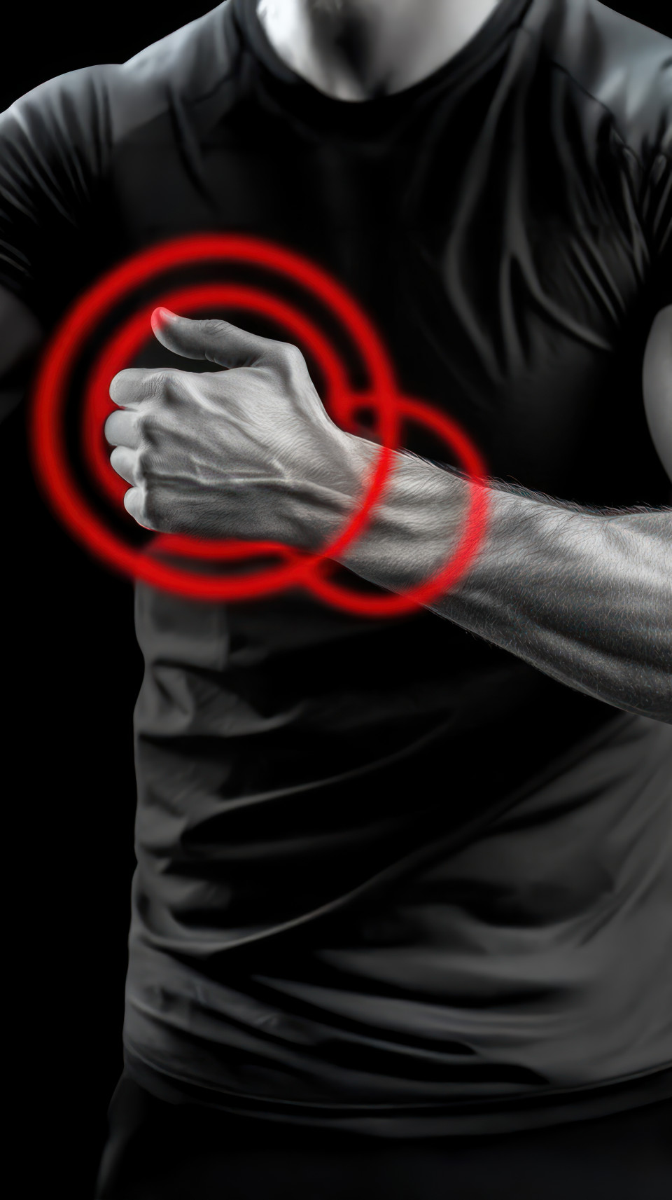 Athlete holding their hand in pain with red circles around injury black background, stiff person, syndrome causes, stiff treatment