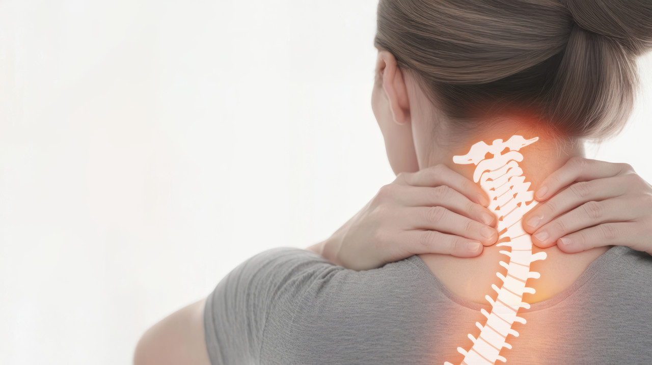 Woman holding her neck in pain while doing an intense yoga pose on a white background highlights stiffness and discomfort, stiff person, syndrome causes, stiff treatment