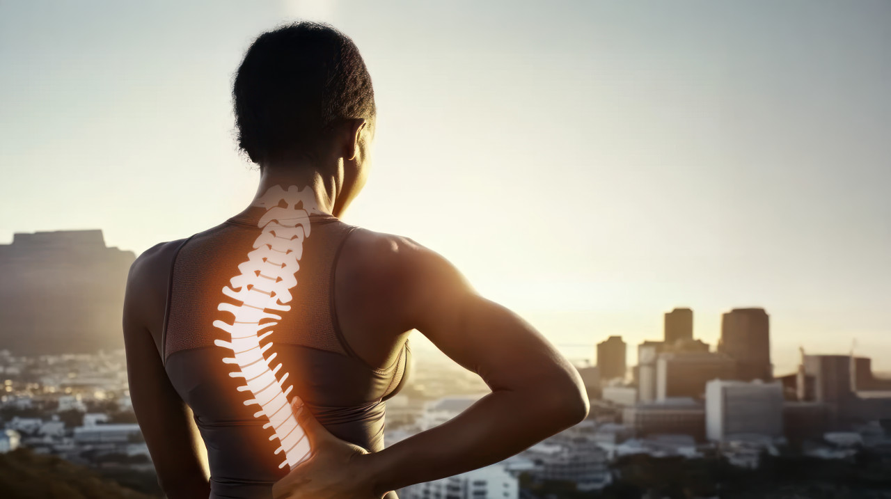 Black woman facing away, holding her spine in pain background focuses on discomfort along the back area, stiff person, syndrome causes, stiff treatment