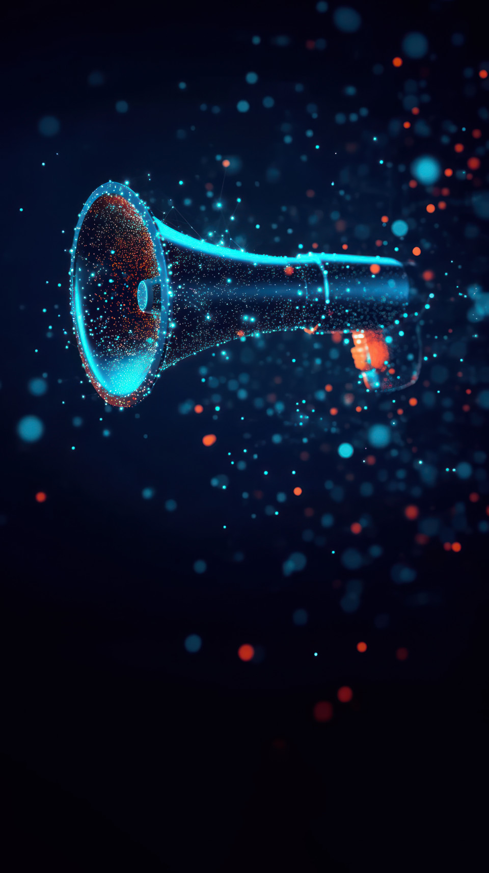 Abstract megaphone made of glowing technological particles on dark blue background, influencer campaigns highlight sponsorships, partnerships, referral strategies