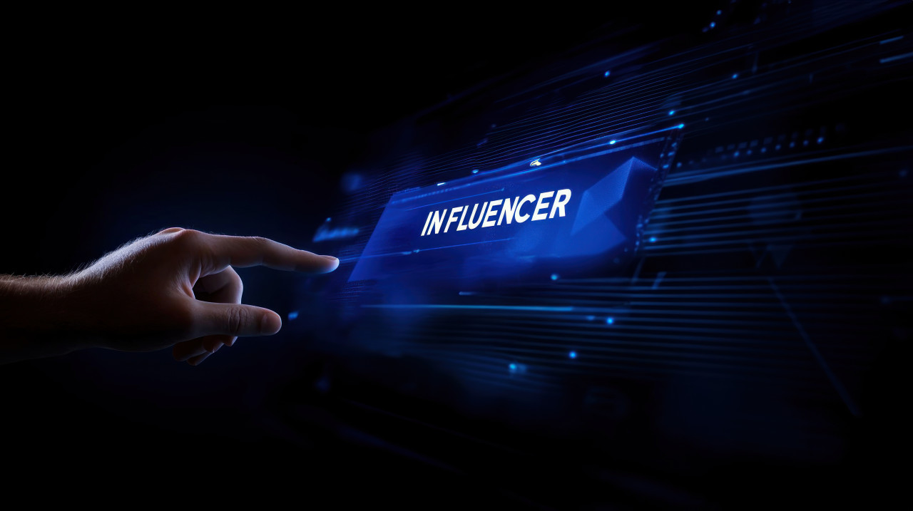 Hand pointing at a digital screen with influencer text against a dark blue background, influencer campaigns focus on sponsorships, partnerships, referrals