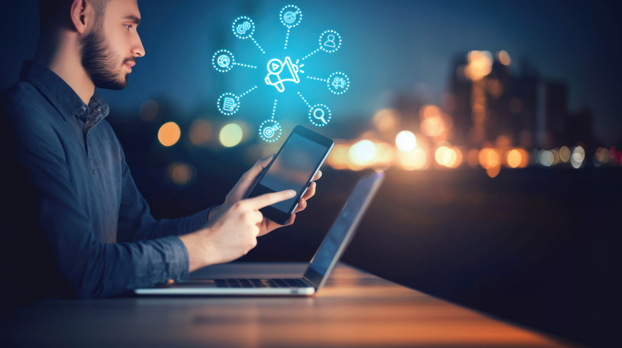 Man holding phone displaying megaphone and other icons, influencer campaigns promoting sponsorships, partnerships, referral marketing