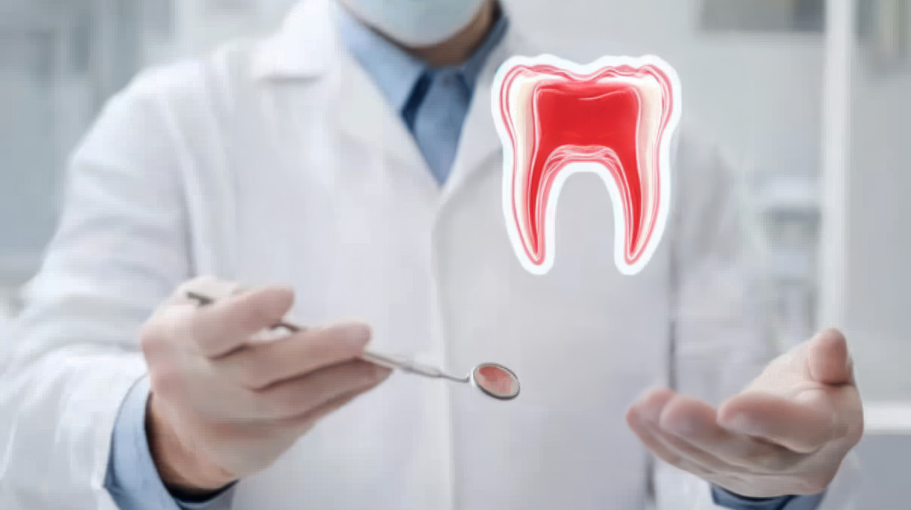 Dental doctor holds virtual dental tools in front with a red tooth hologram floating above, innovative technology in dentistry, related to oral surgery, dental implants, and tooth extraction