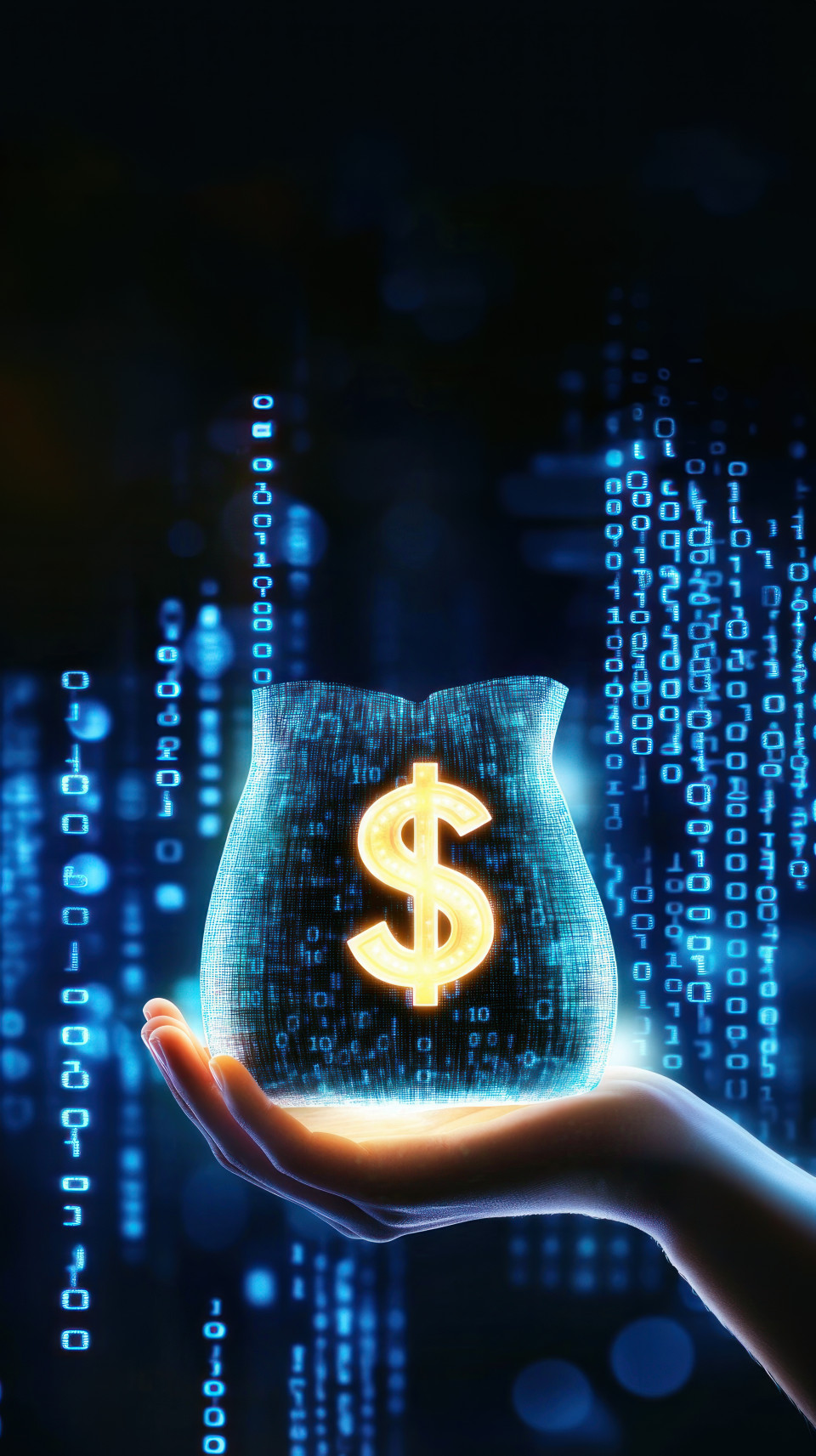 Hand holding an illuminated money bag with a glowing dollar sign, symbolizing financial literacy, wealth management, budgeting skills
