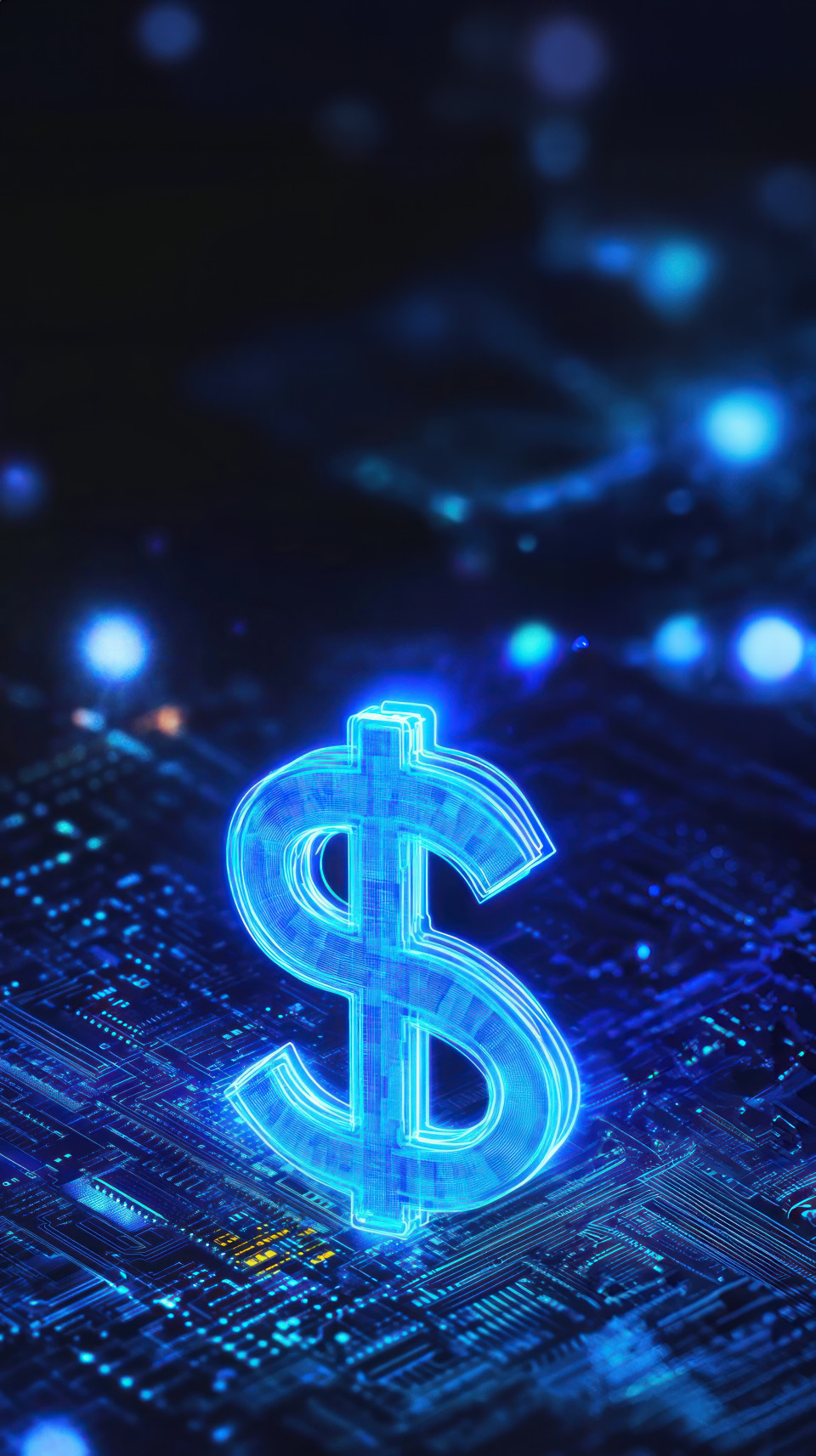 Digital blue dollar sign symbol on a circuit board background, emphasizing financial literacy, technology in finance, money management