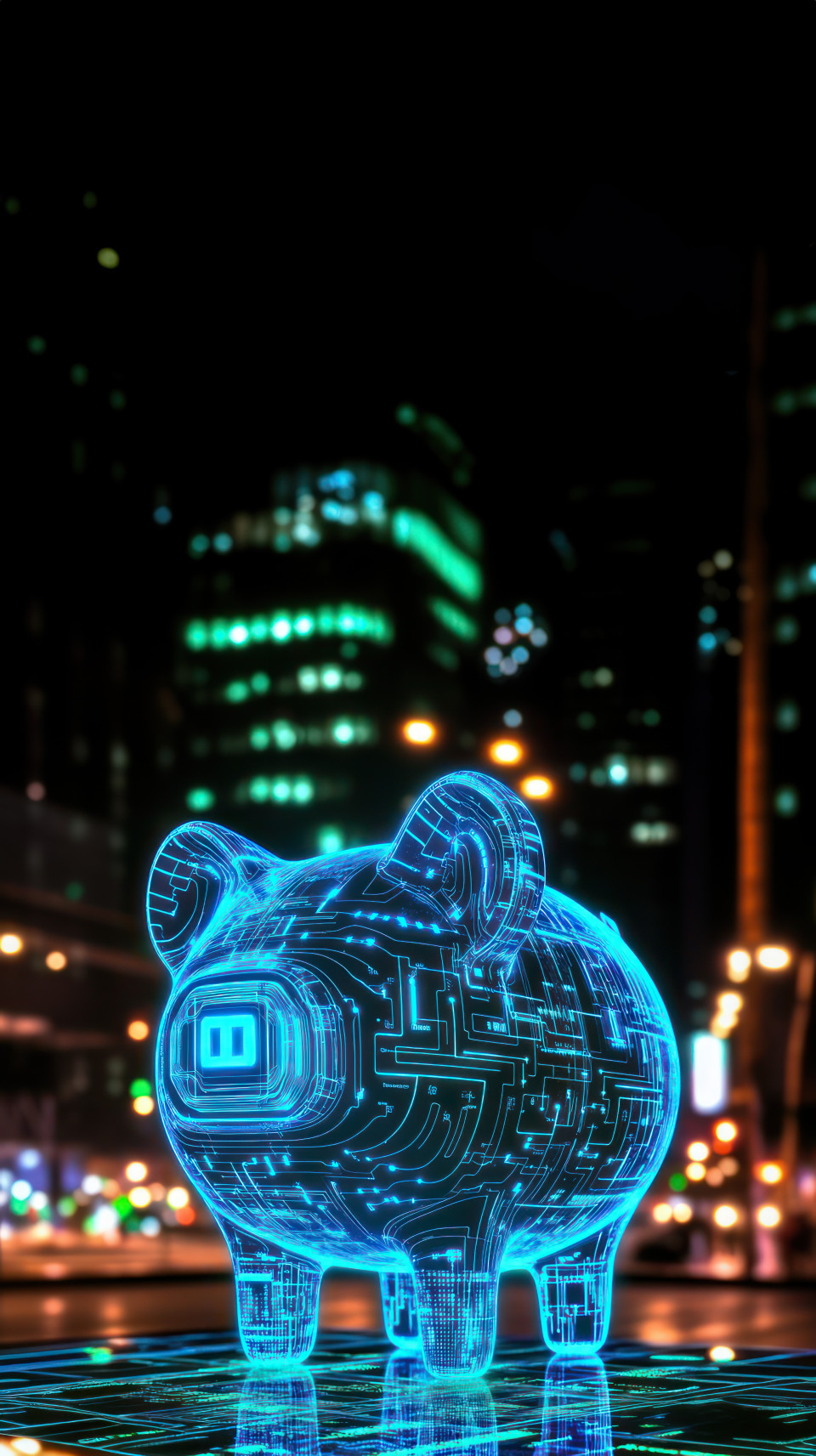 Blue hologram of an electronic piggy bank with glowing circuit patterns, highlighting financial literacy, digital saving, budgeting tools