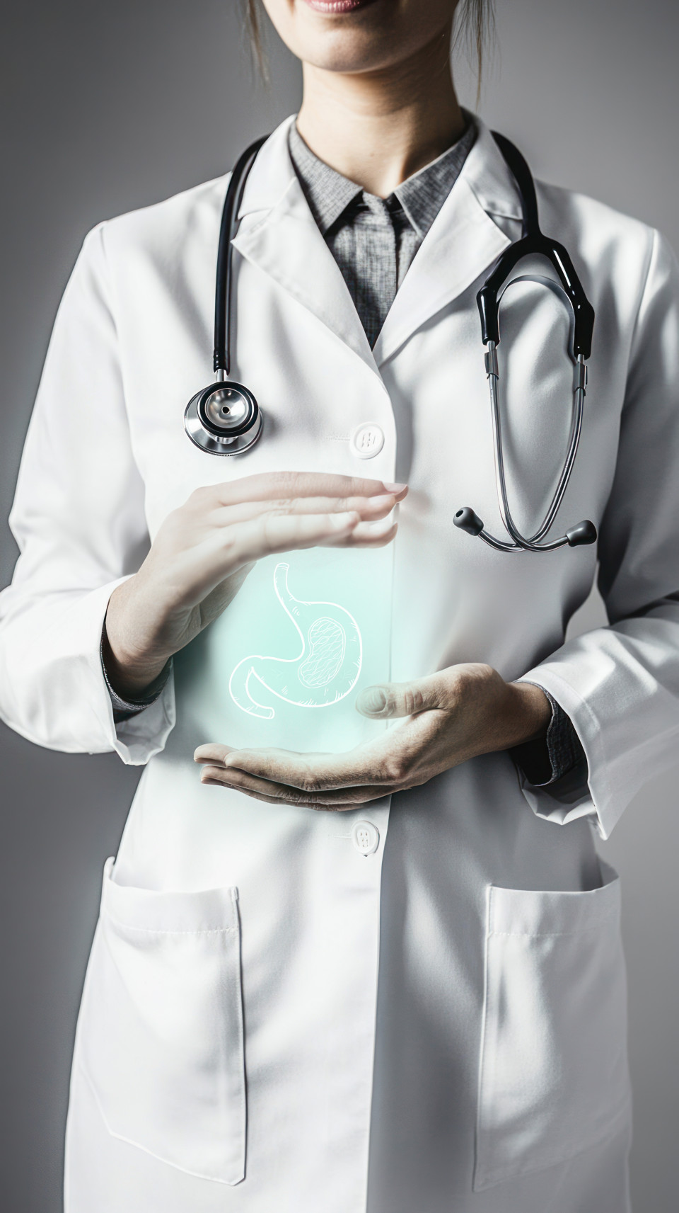 Doctor in a white coat with stethoscope holding a virtual glowing stomach icon against a gray background, focus on digestive health, stomach pain, and pediatric gastroenterology