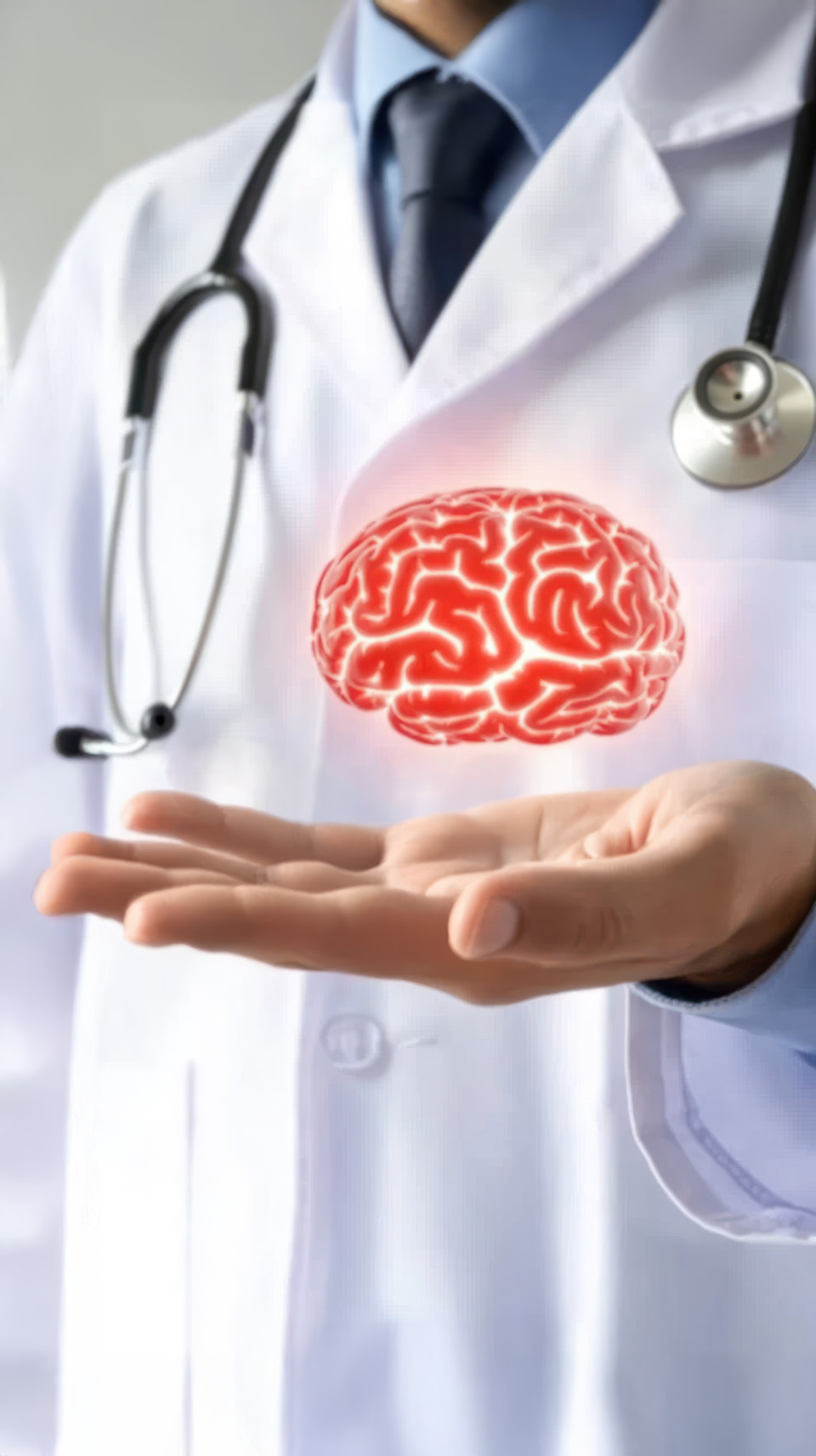 Doctor in a white coat and stethoscope holding out a glowing brain in their hand, symbolizing ms research, sclerosis insights, and medical innovation
