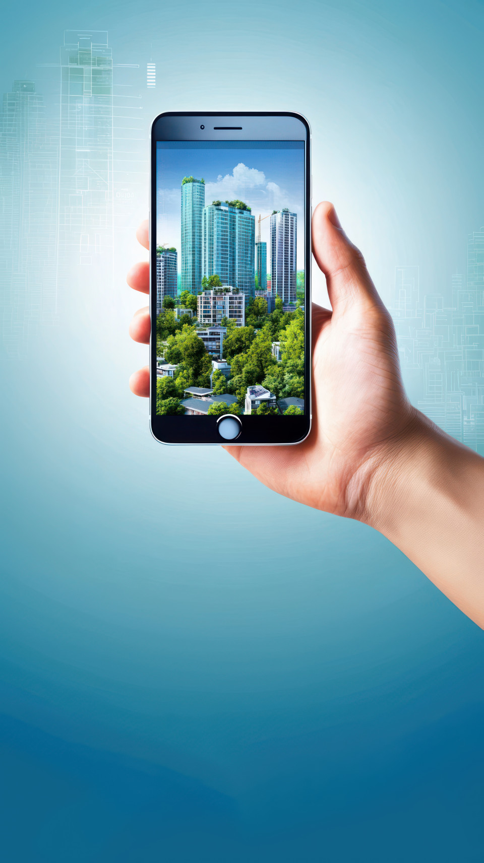 A hand holding a phone with a cityscape displayed on the screen against a blue background, representing real estate investment trusts and urban development