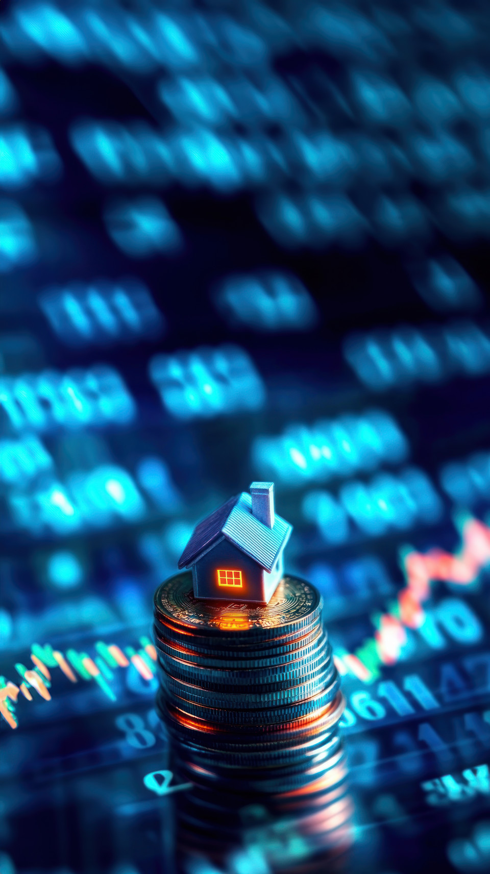A stack of coins with a small house on top, surrounded by an upward trending graph line, showcasing growth in real estate investments and reit performance
