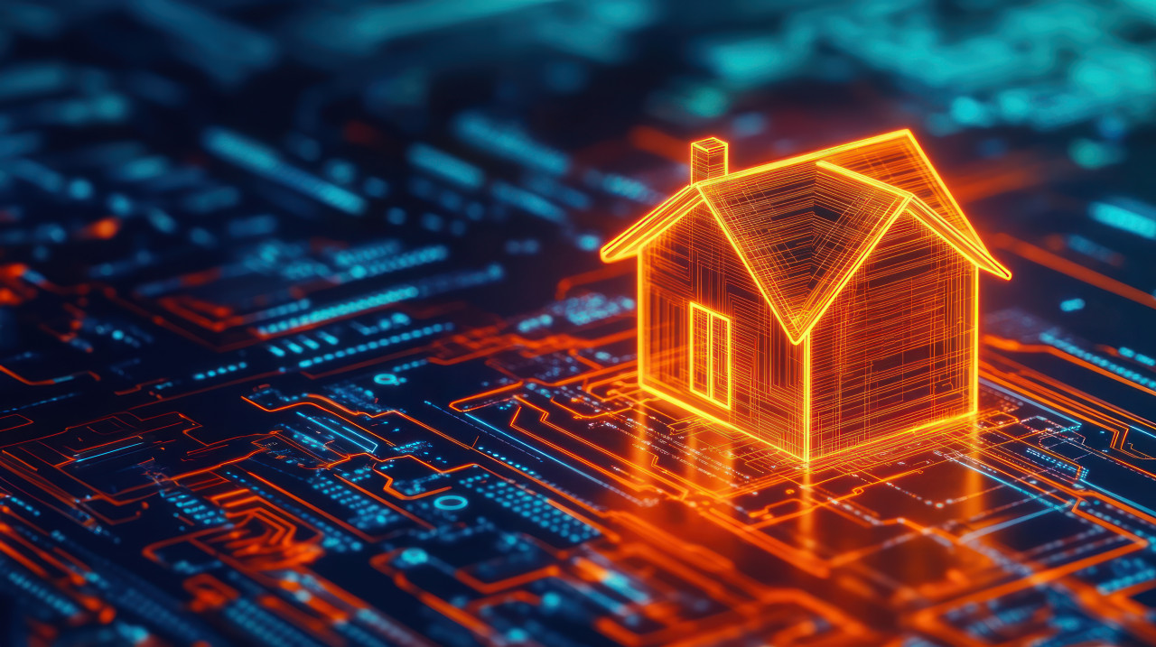 A house made of glowing orange lines resting on a digital circuit board, showcasing real estate innovation, investment potential and reit advancements
