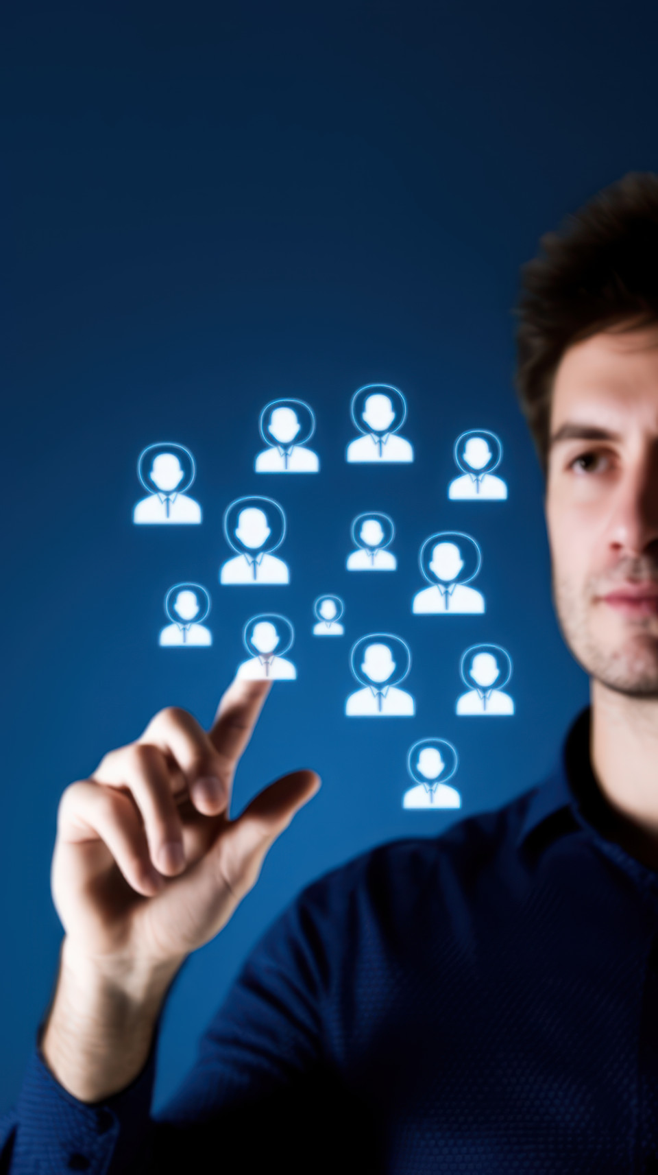 Man interacts with floating social media icons on blue, representing ai recruitment, hiring automation, audience engagement through technology