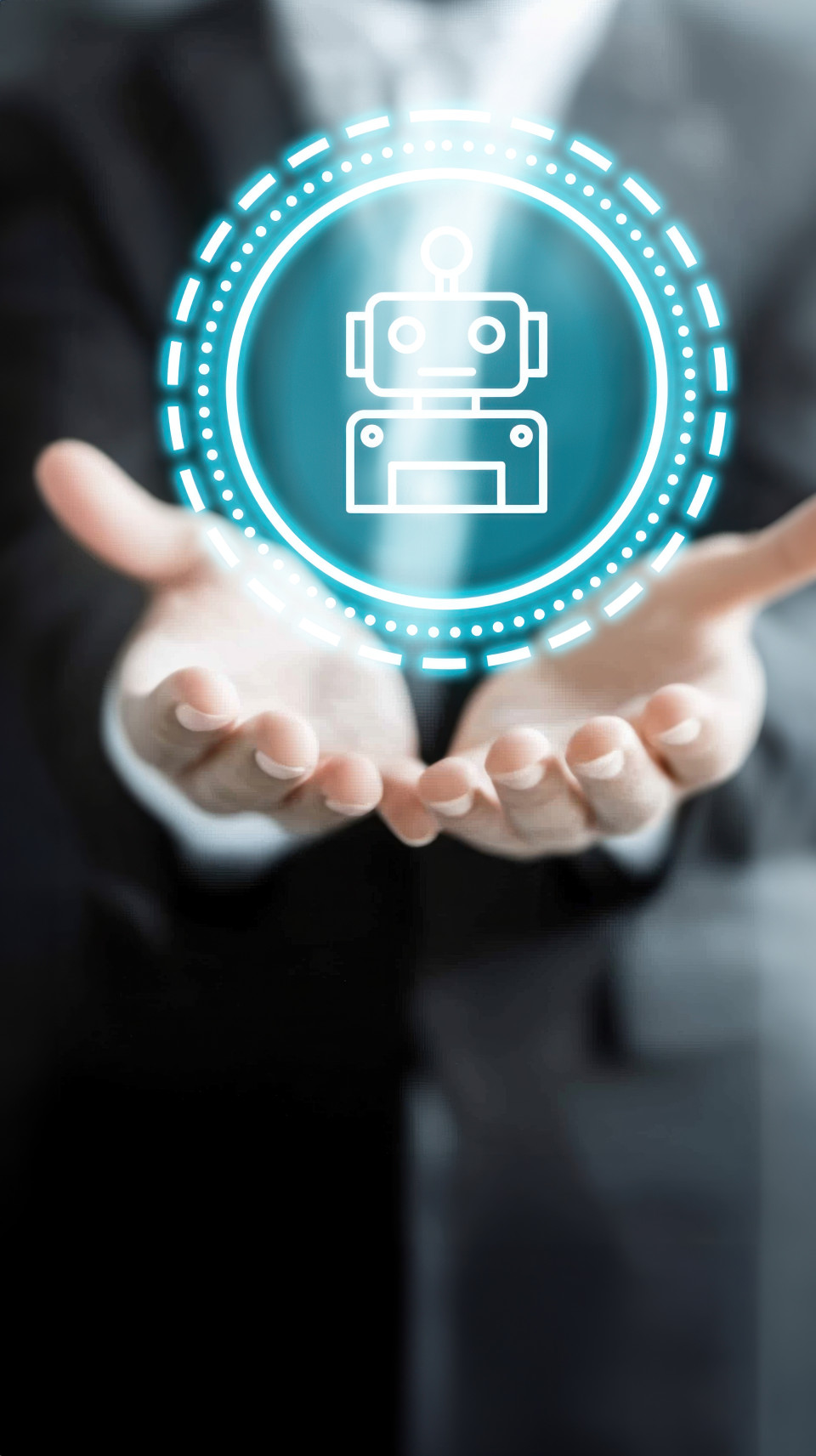 Hand holds floating ai chatbot interface, showcasing ai recruitment, hiring automation, interactive chatbot driven hiring systems