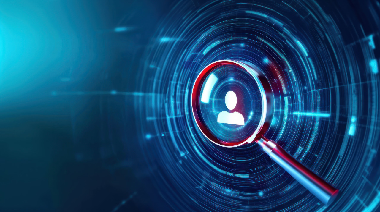 Magnifying glass focuses on human icon and data, highlighting ai recruitment, hiring automation and the integration of ai driven chatbots