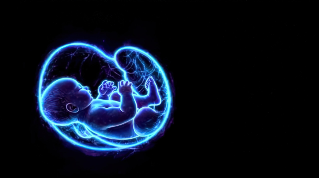 Baby at the center of an illustration with blue neon light glowing around it on a black background, represents postpartum care and early life development