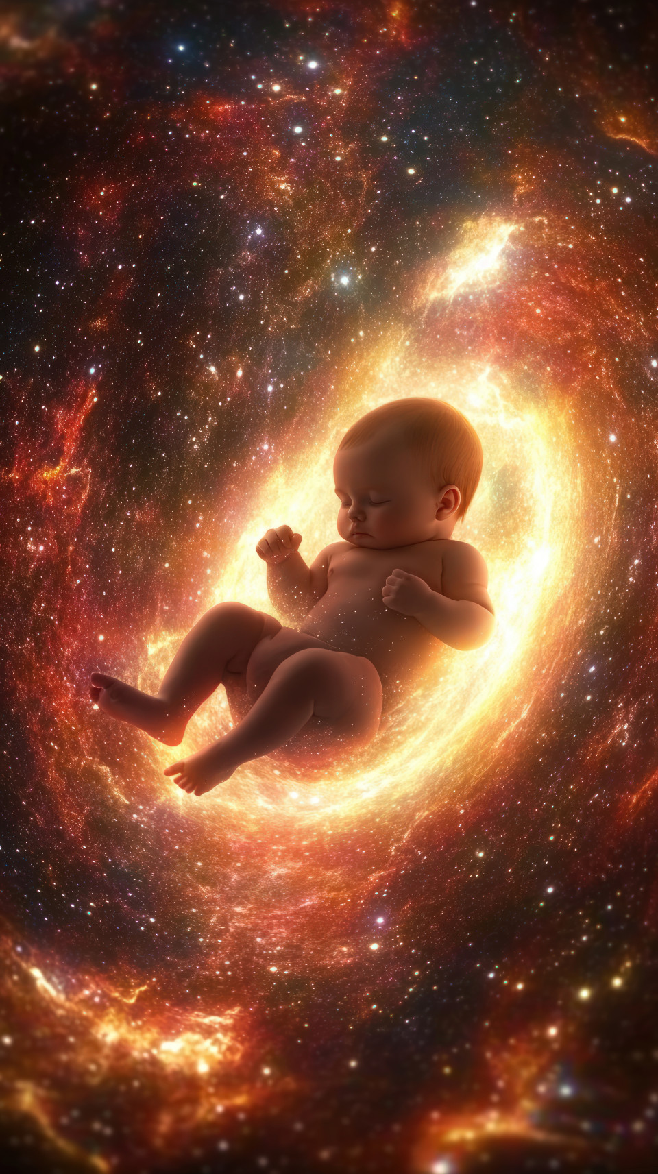Baby glows with ethereal light floating within the vastness of the universe, highlights the concept of life, prenatal care, and the wonder of creation