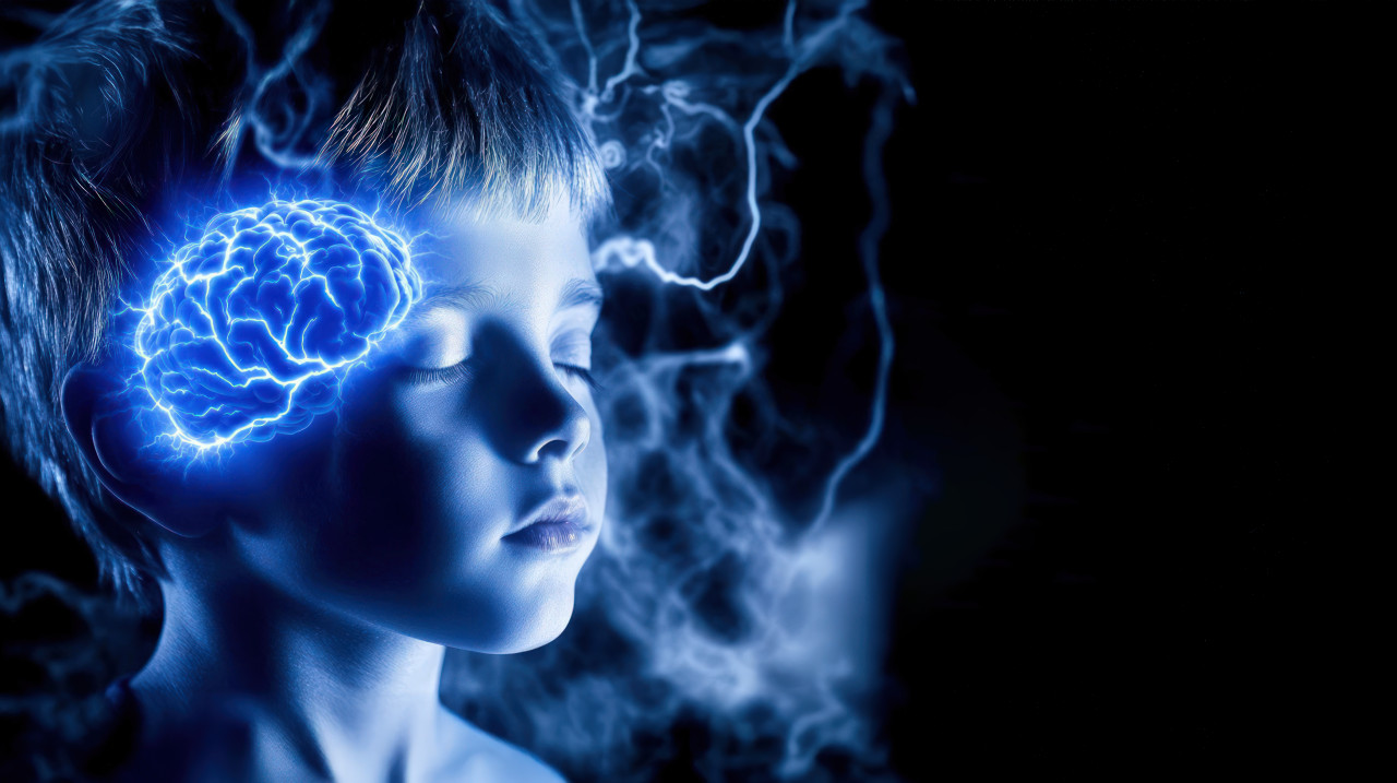 A young boy with eyes closed emits blue lightning from his brain area against a dark background, symbolizing neurology, pediatric neurologist care, ocd, and anxiety depression treatment