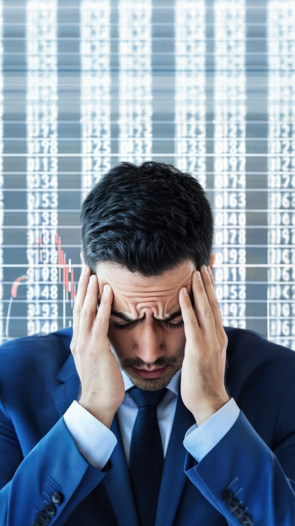 A man in blue business attire holds his head between his hands while looking at stock market charts on a digital screen, symbolizing neurology, ocd, schizophrenia, and anxiety depression treatment