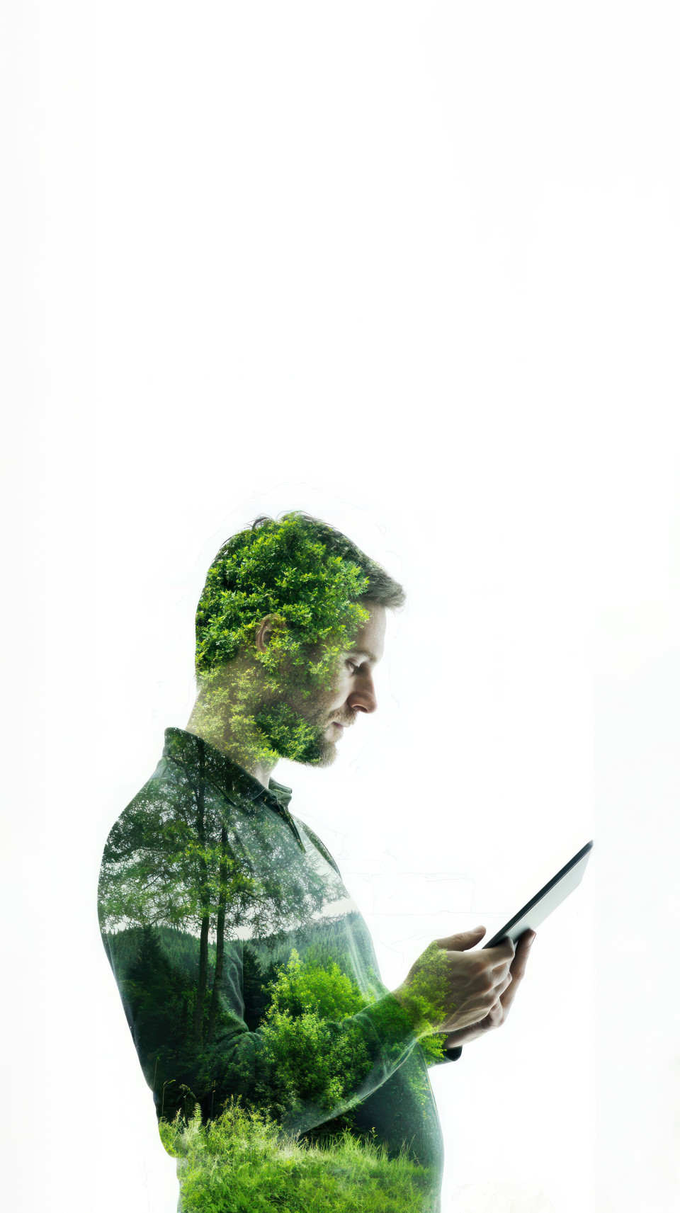 A double exposure image of an adult man reading from a tablet, representing modern practices in sustainable responsible investing, sri investing, esg