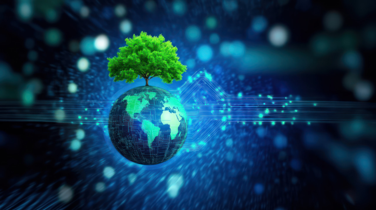 A globe topped with a green tree surrounded by digital circuit patterns, symbolizing technology and nature in sustainable responsible investing, sri investing, esg