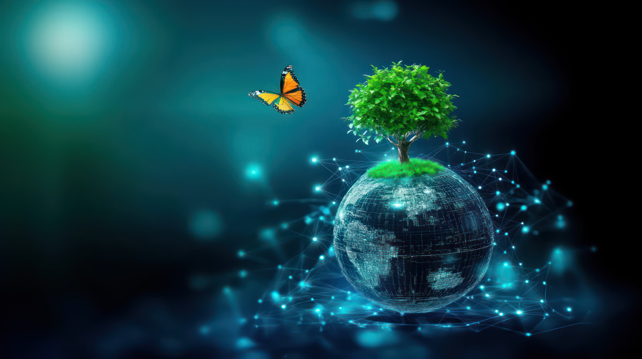 A digital globe with a green tree growing and a butterfly flying around it, representing nature focused sustainable responsible investing, sri investing, esg