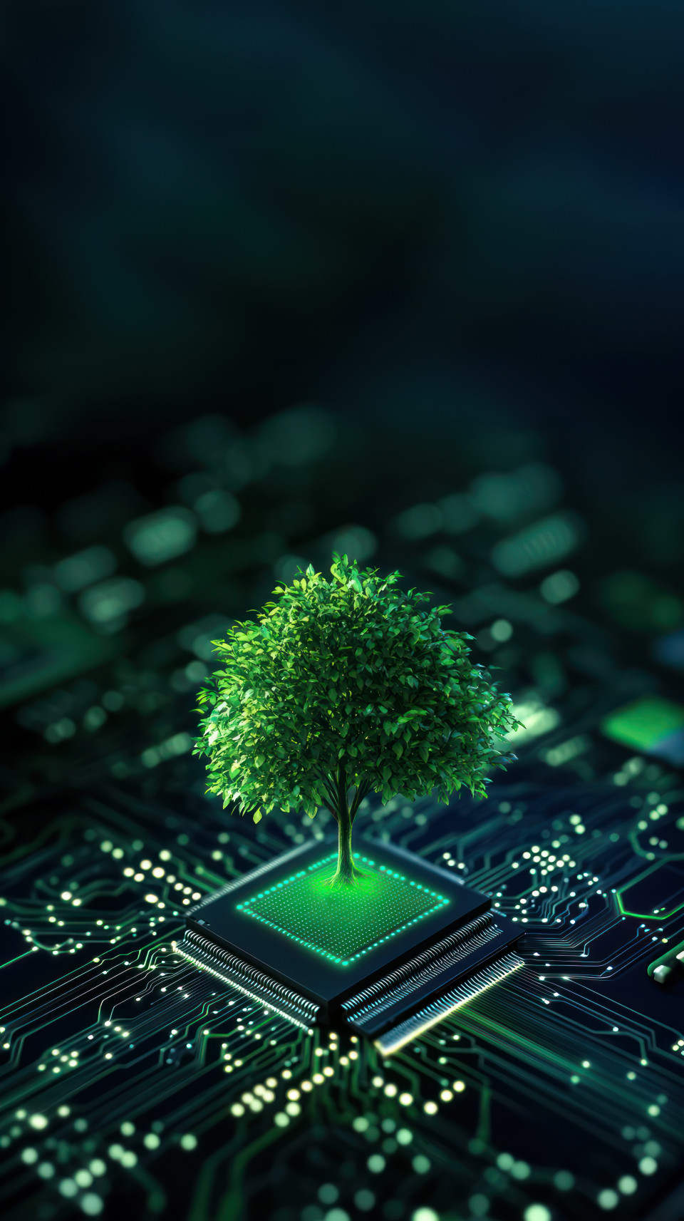 A vibrant green tree grows on an electronic chip surrounded by intricate circuit board patterns, showcasing sustainable responsible investing, sri investing, esg